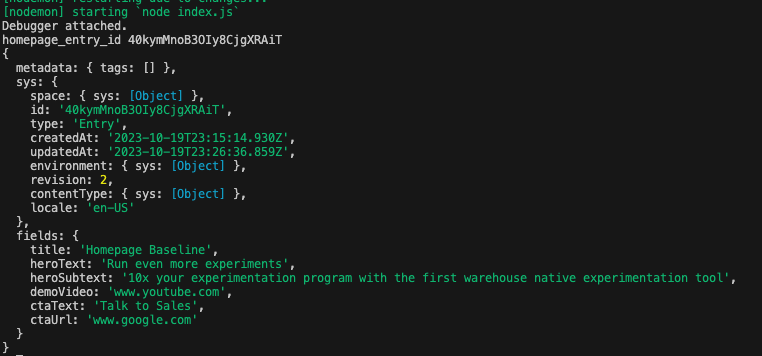 Example variation and Contentful content logged